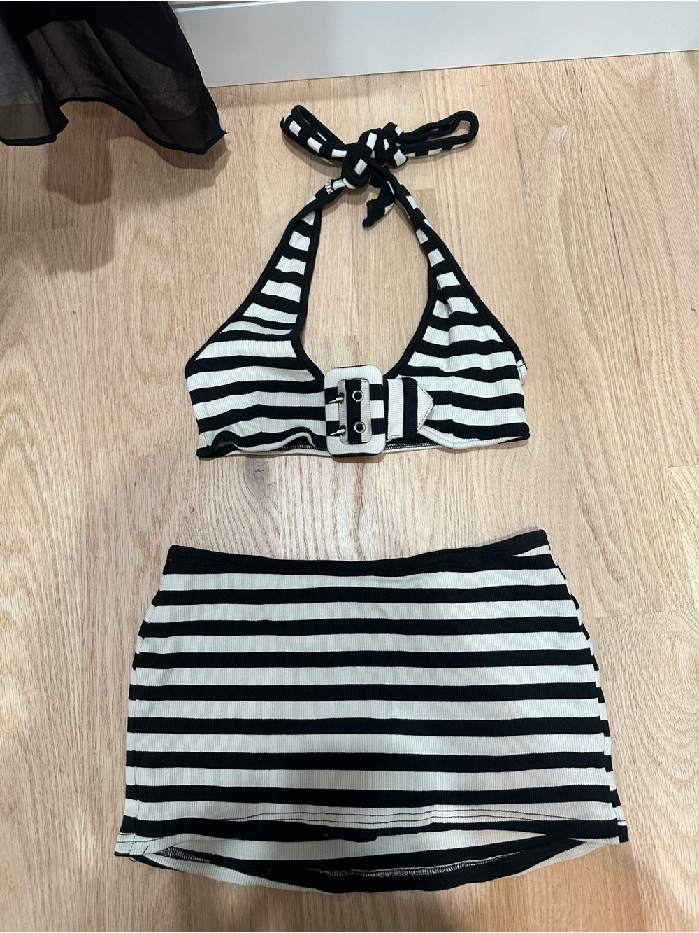Fashion Nova Black & White Striped Halter Bikini Top with Skirt